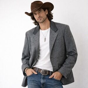 Vtg Pioneer Wear Western Coat Jacket Blazer Men's 48 Yoke Leather Pat Cowboy USA